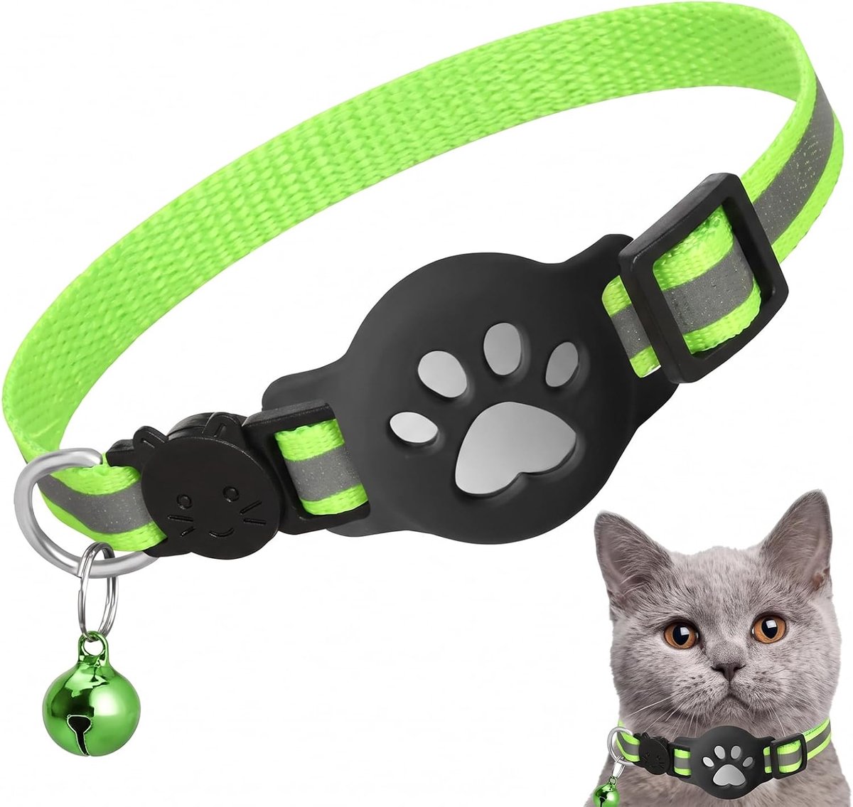 1 x kattenhalsband met houder, compatibel met Air Tag, reflecterend, elastisch, groen, fluorescerend, verstelbaar, anti-verstikking