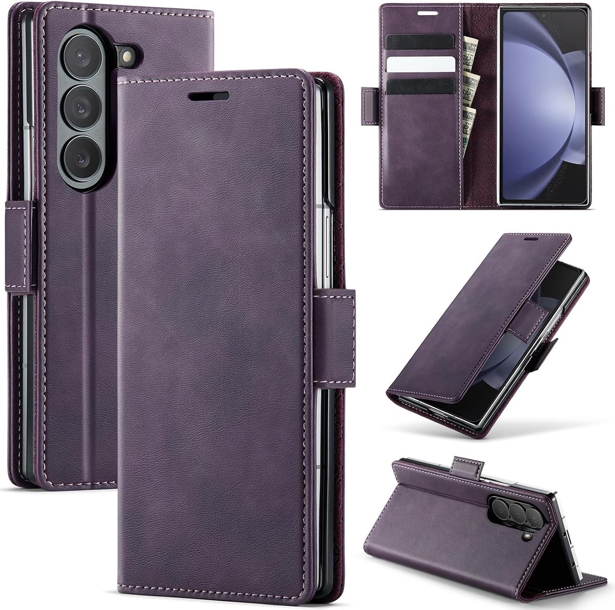 Hoesje voor Samsung Galaxy Z Fold 5 5G, magnetische Flip case, opvouwbaar standfunctie Cover beschermhoes met kaartsleuf en portemonnee, leren hoes voor Samsung Galaxy Z Fold 5, Paars