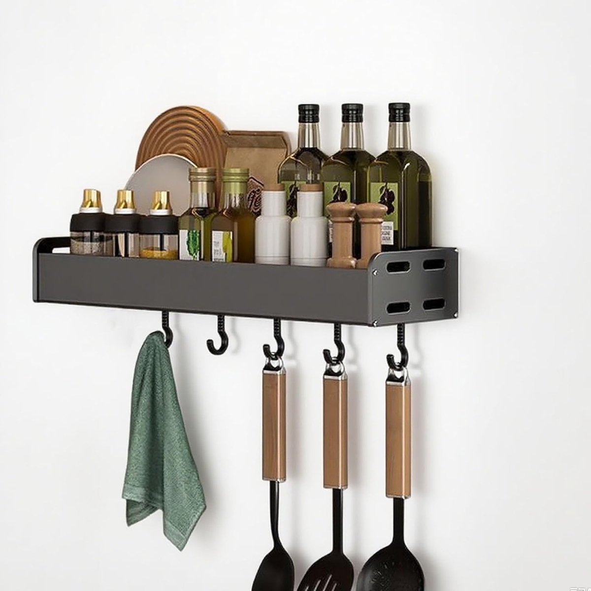 Wandplank voor de Keuken 40/50cm zonder Boren - Multifunctionele Opbergrek met Haken voor Kruidens, Messen en Badkameraccessoires (50cm)