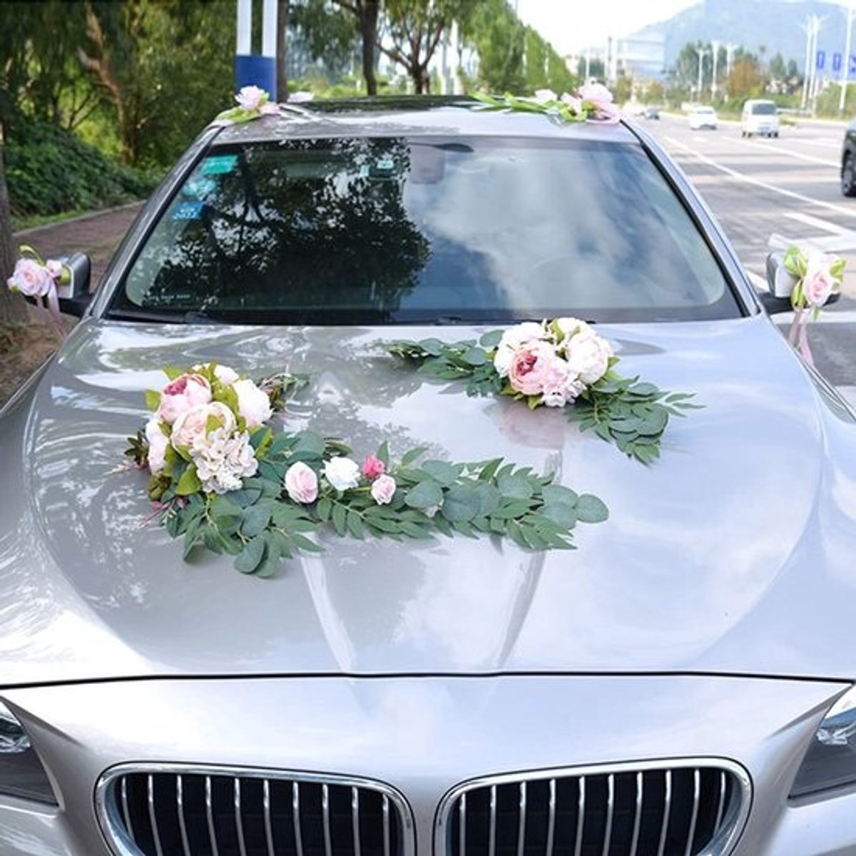 Autodecoratie Bruiloft - Bruidspaar Roos - Kunstbloemen - Roze - Huwelijksdecoratie - Prachtige Autobloemdecoratie - Geschikt voor Trouwa