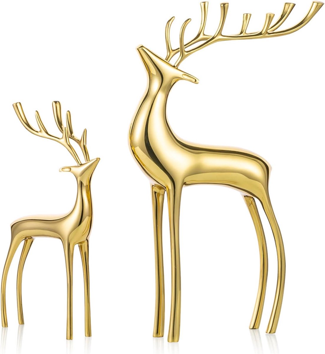 Rendier figuur sculpturen beeldjes set van 2, metalen herten ornamenten voor wooncultuur accenten woonkamer slaapkamer kantoor bookself tafelblad mantel kerstdecoratie goud