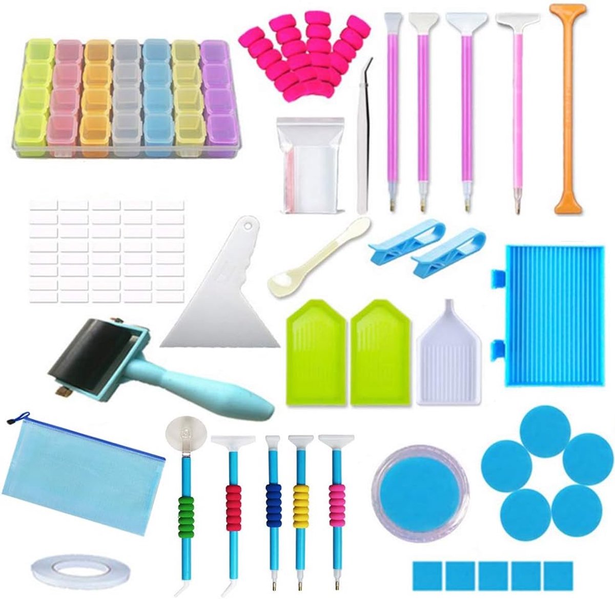 5D Diamond Painting Tool, 74 stuks diamant schilderij pen kruissteek gereedschap set, diamant borduurwerk accessoires opslag container met steek pen, plastic lade, etiketten, tape, doe-het-zelf schilderij lijm klei