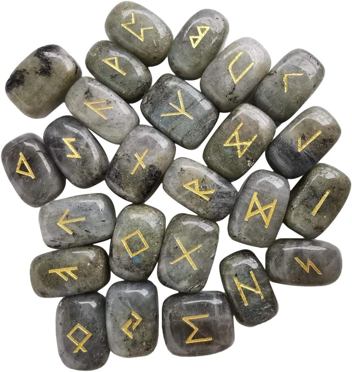 Rune stones set (25 stuks), gepolijste edelsteen met snijwerk voor waarzeggen, kristalgenezing Reiki, maansteen