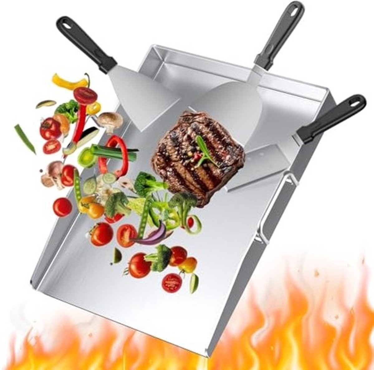 Premium Plancha Grillplaatset 40 x 30 cm - Roestvrij Staal Grillplaat voor Gas- en Kolengrill met Spatels