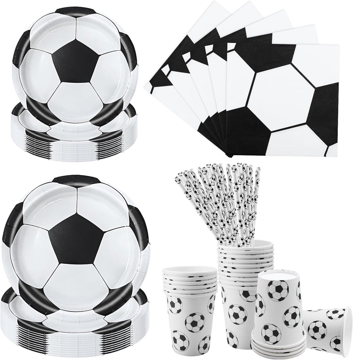 WK 2026 voetbalpartyserviesset, 100 stuks voetbalpartyservies, voetbalpartyborden voor 20 gasten, voetbalverjaardagsservies, wegwerpborden, papieren bekers, servetten, rietjes, feestdecoratie