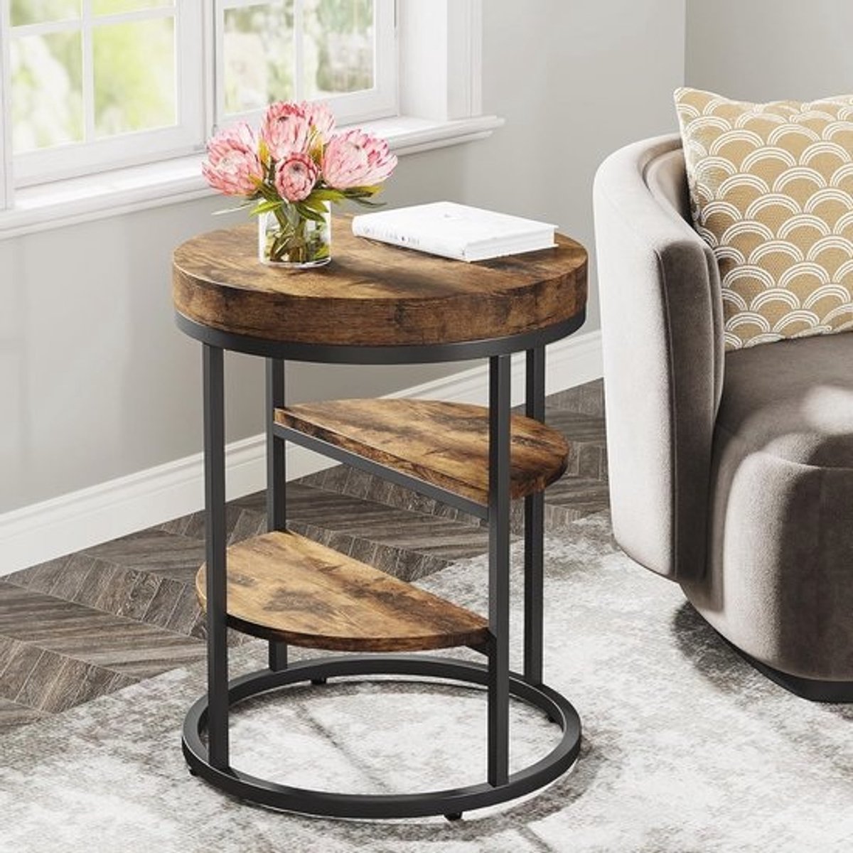 Ronde Bijzettafel met 3 Opbergplanken voor Kleine Ruimtes