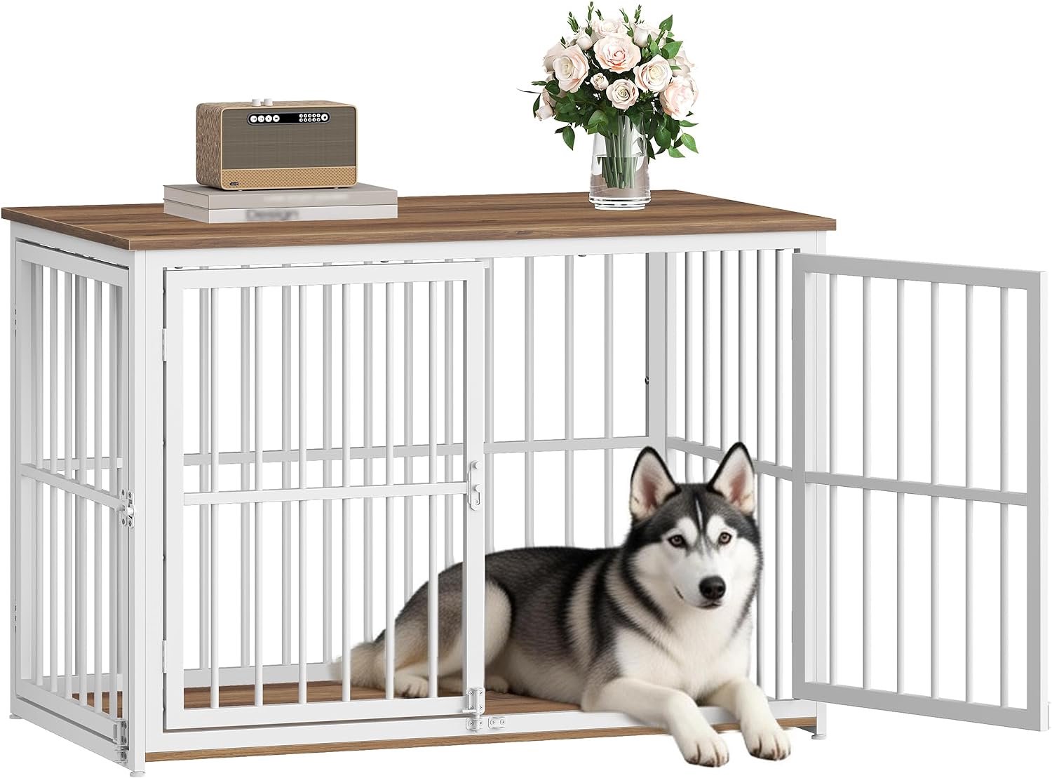 Hondenbench Meubel, 100 x 60 x 70 cm, Bruin en Wit | 3 Deuren en Verstelbare Zijdeur, Hondenbench Voor Binnen