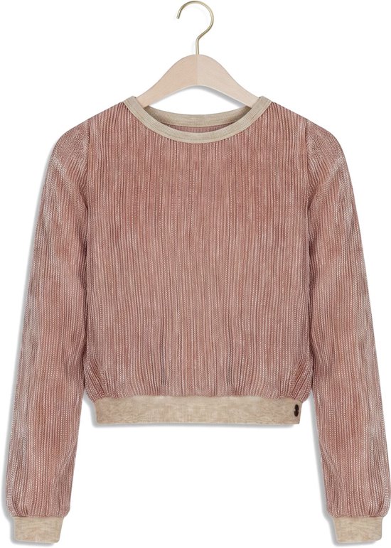 Roze geplooide blouse met lange mouwen, beige geribbelde boorden en een ronde hals.