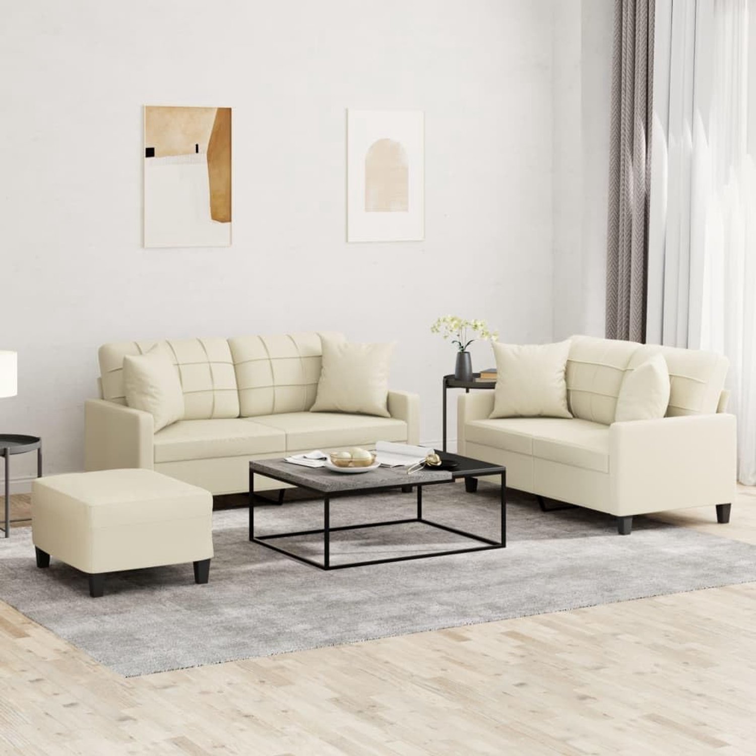 3-delige bankstel met kussen, crème kunstleer, duurzaam vuilafstotend kunstleer, robuust metalen frame, comfortabele bekleding, veelzijdige voetenbank, modern