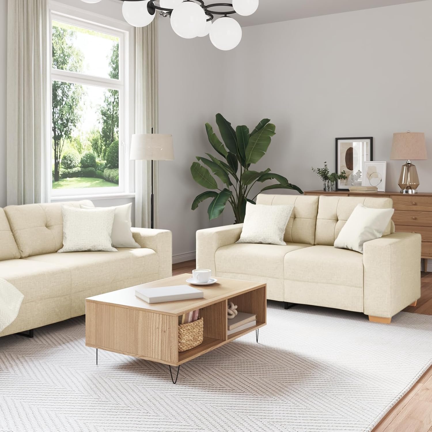 2-delige bankset met linnen kussen, moderne bankset met 3-zits en 2-zitsbank in beige en grijs, ruimte voor maximaal vijf personen, pluizige kussens met ritssluiting