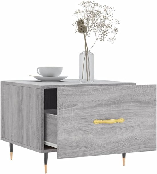 Salontafel met ijzeren poten en lade van houtmateriaal, wit 50 x 50 cm, met opbergruimte, bijzettafel wit houtmateriaal ijzeren poten — afbeelding 3