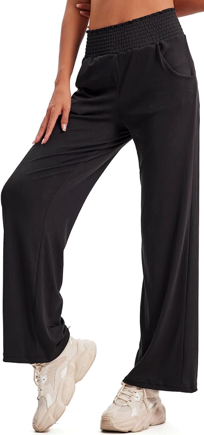 Outdoor- en loungebroek voor dames, met bijzonder elastische hoge tailleband en modieus, wijd uitlopende pijpen, met zijzakken