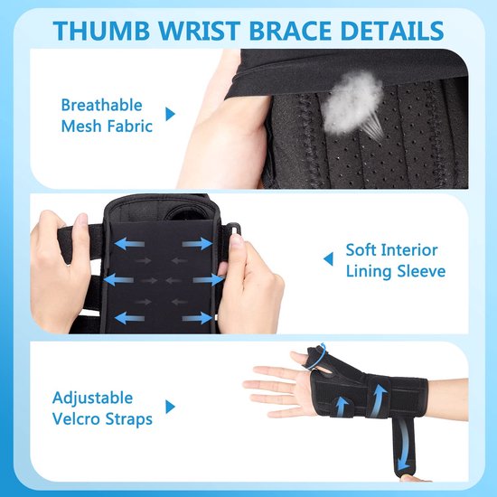 Polsbandage met duimspalk voor de Quervains Tenosynovitis, carpaal tunnelpijn, verstuikingen, artritis, peesschedeontsteking, bandage voor mannen en vrouwen — afbeelding 4