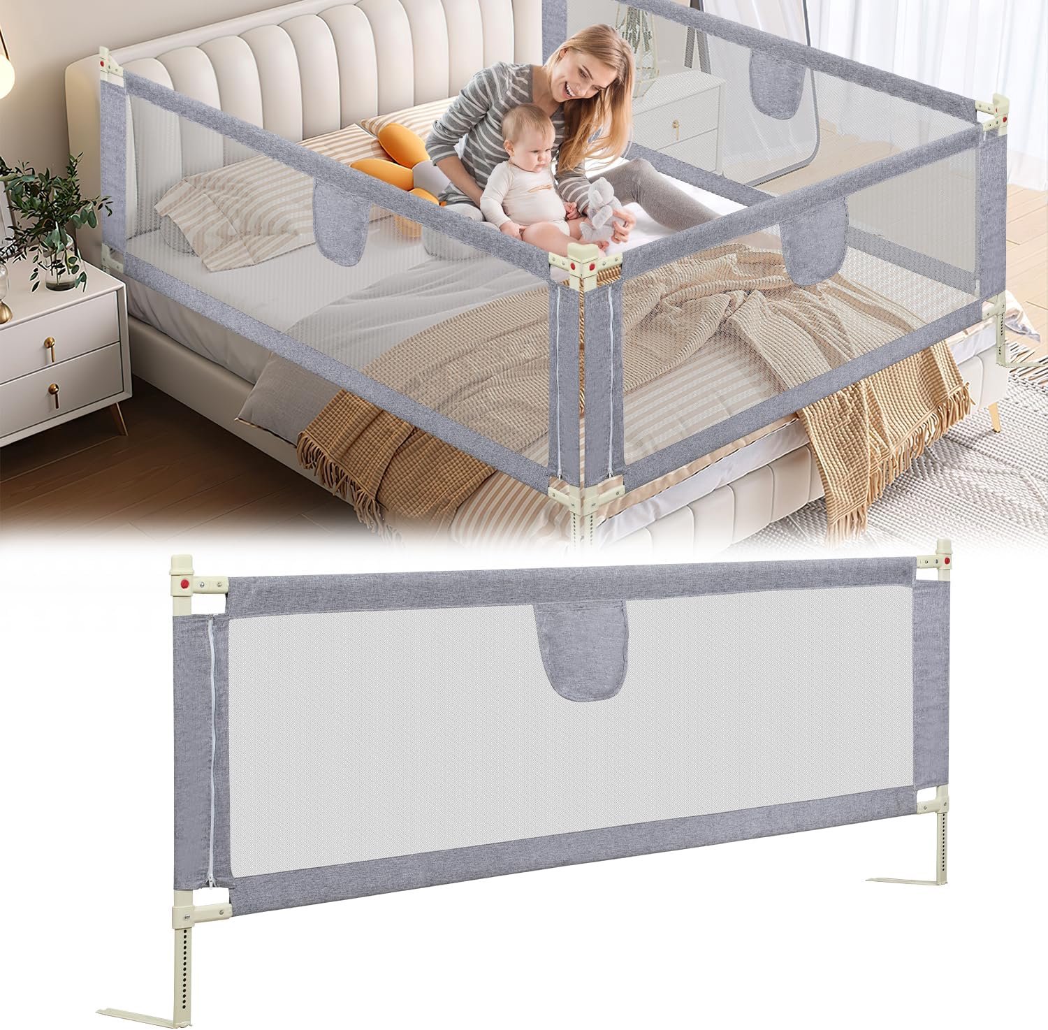 Bedhekje van 150 cm, uitvalbeveiliging, in hoogte verstelbaar, 64-96 cm, bedbeschermingshek, kinderbedhek met luchtig net, voor kinderen en ouderbedden, stabiel, grijs, 2 stuks