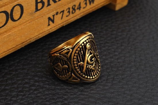 Vrijmetselaar gestreepte ring voor heren gouden vrijmetselaar troffel ring vintage klassieke meester-metselaarssieraden — afbeelding 5