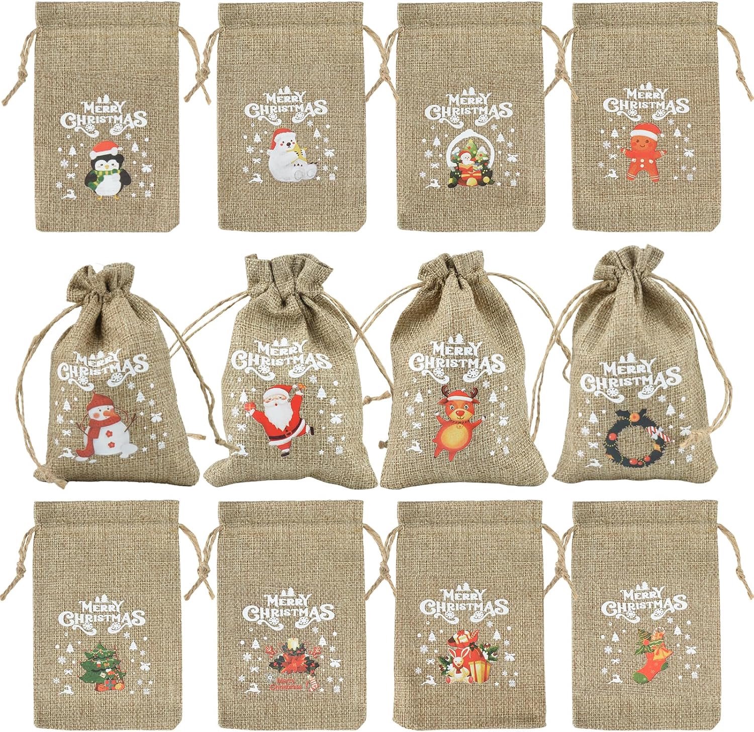 12 stuks jute zakjes voor Kerstmis, adventskalender, jute zakjes, 10 × 15 cm, jute zakjes, kerstcadeauzakjes voor adventskalender, kerstboom, decoratie, stoffen zakjes om te vullen