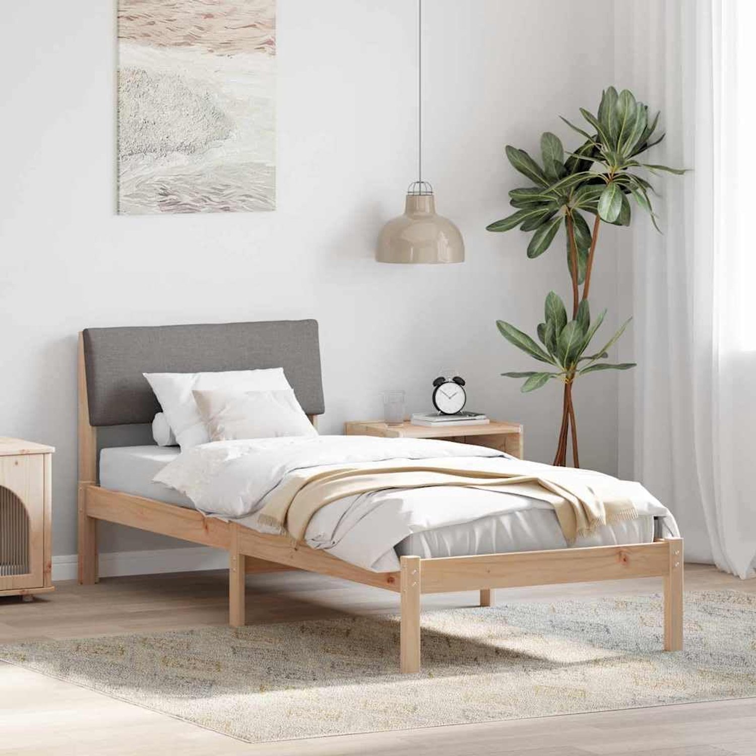 Grenenhouten platformbed met hoofdbord modern 75x190 cm bruin taupe