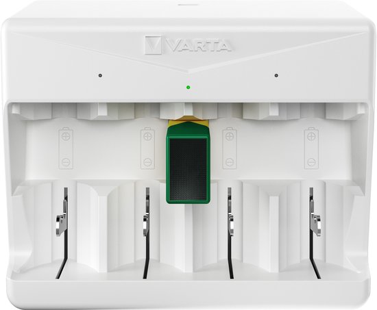 Varta universele batterijlader met een groene LED-indicator, geplaatst in de sleuf voor een 9V batterij.