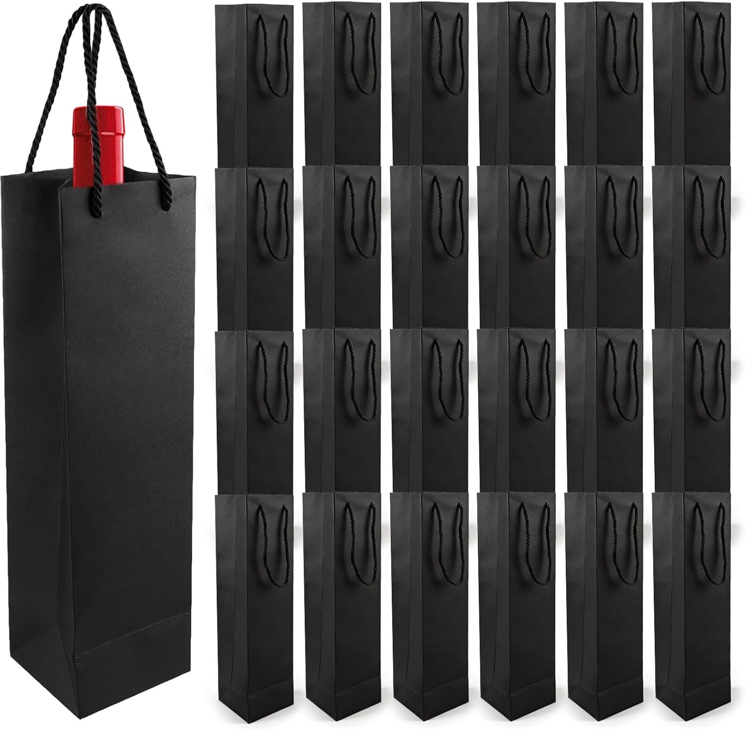 24 stuks wijngeschenkzakken, flessenzakken met handvat, effen gekleurde geschenkzakken voor Kerstmis, bruiloft, verjaardag, feest, zwart