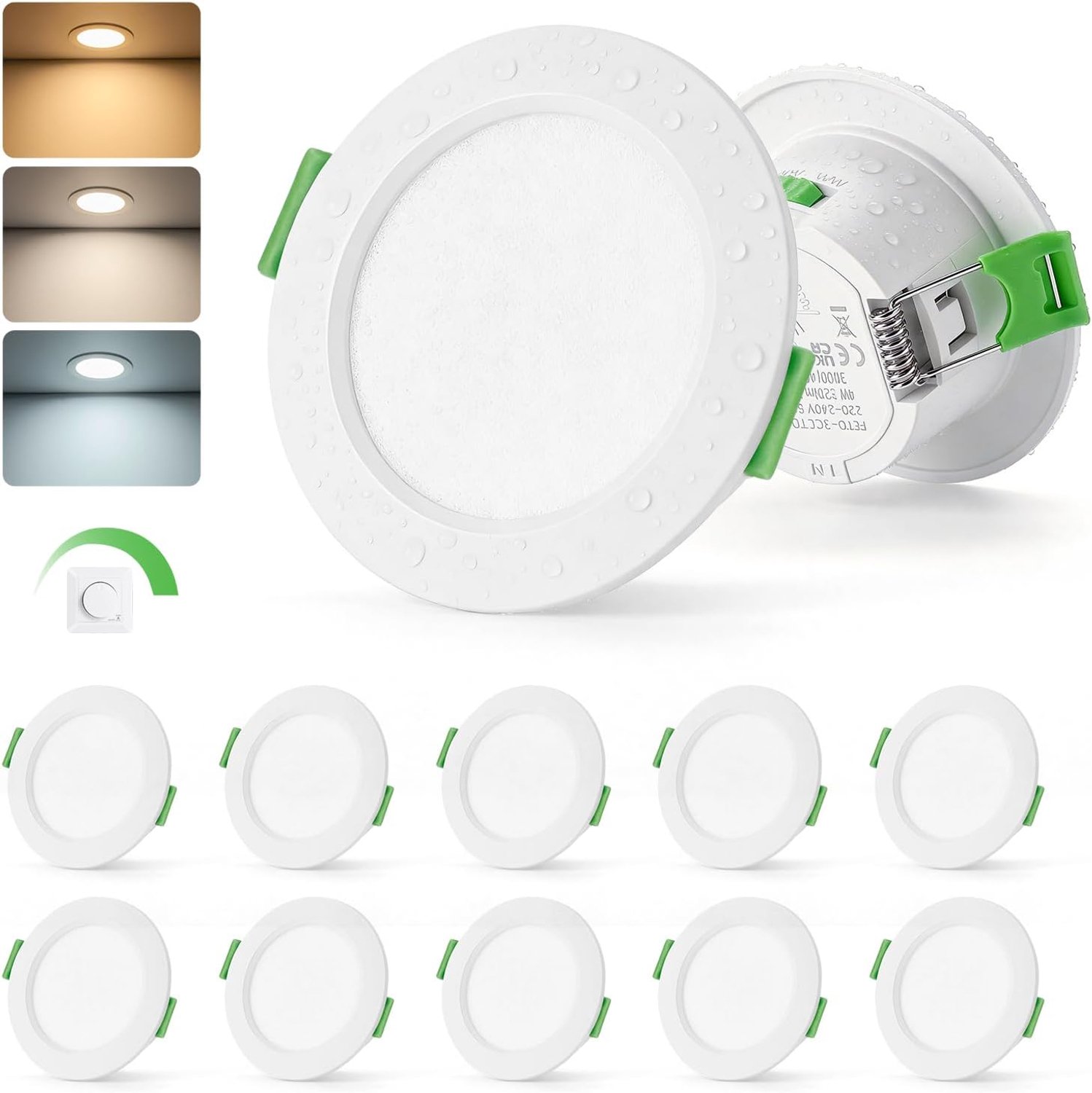 LED-inbouwspot, dimbaar, 4W, opening 55mm - 68mm, extra vlakke plafondspots, warm wit 3000K, neutraal wit 4000K, koud wit 6000K, inbouwspot, IP44, voor badkamer, keuken, woonkamer, set van 10