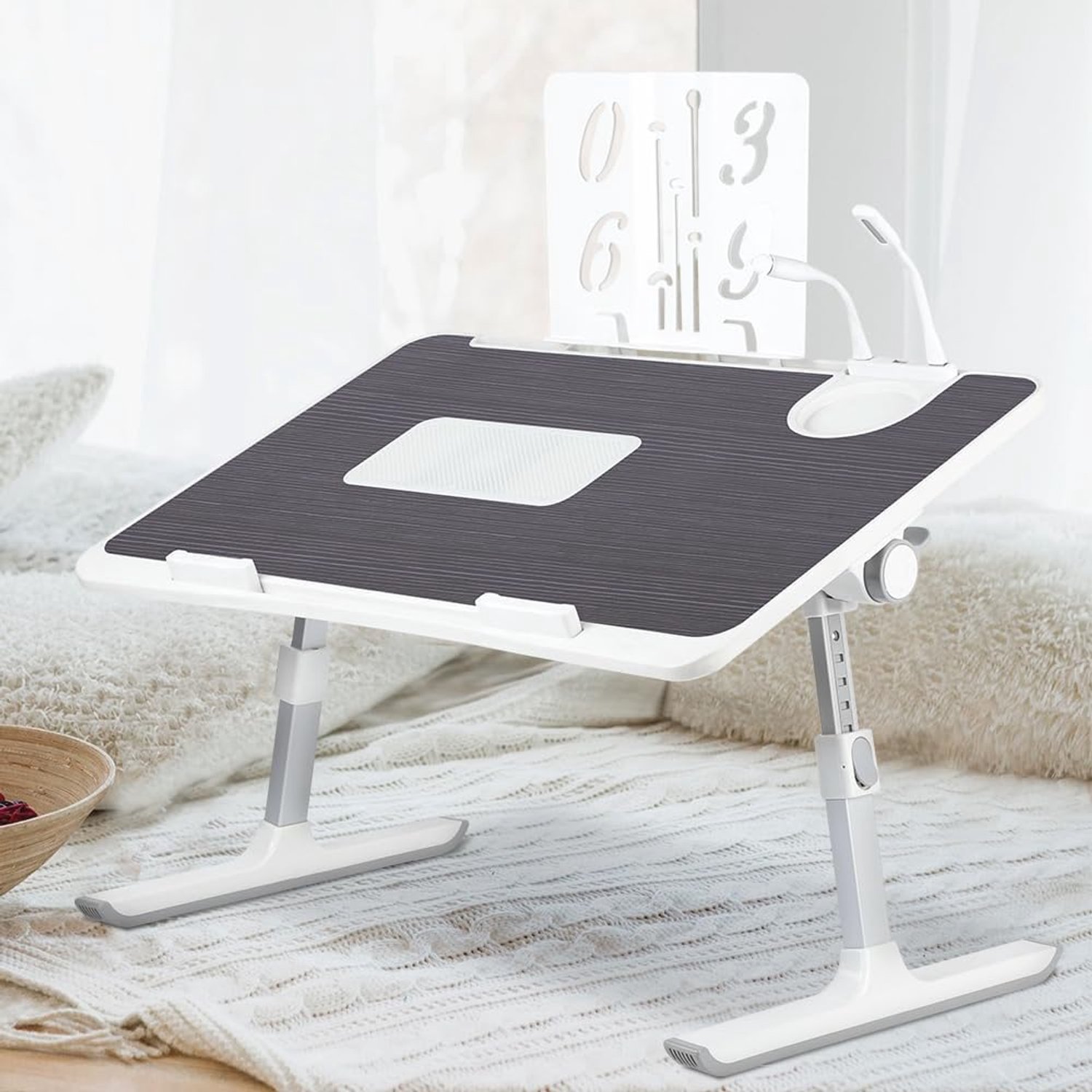 Bedtafel voor laptop, opvouwbaar, in hoogte en hoek verstelbaar, dienblad met lade + pc-koeler, voor bank/vloer/bed, 60 x 40 x 26-39 cm (zwart)