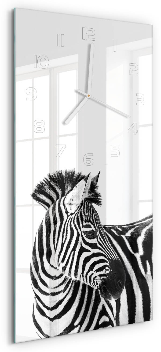 Tulup Wandklok - Zebra in de sneeuw Klok Glas Met Opdruk - 30x60 cm - Zwart-wit Moderne Wandklok Glas - Witte handen - Rechthoekige Klok - Decoratieve Glazen Klok - Glazen Wandklok Design