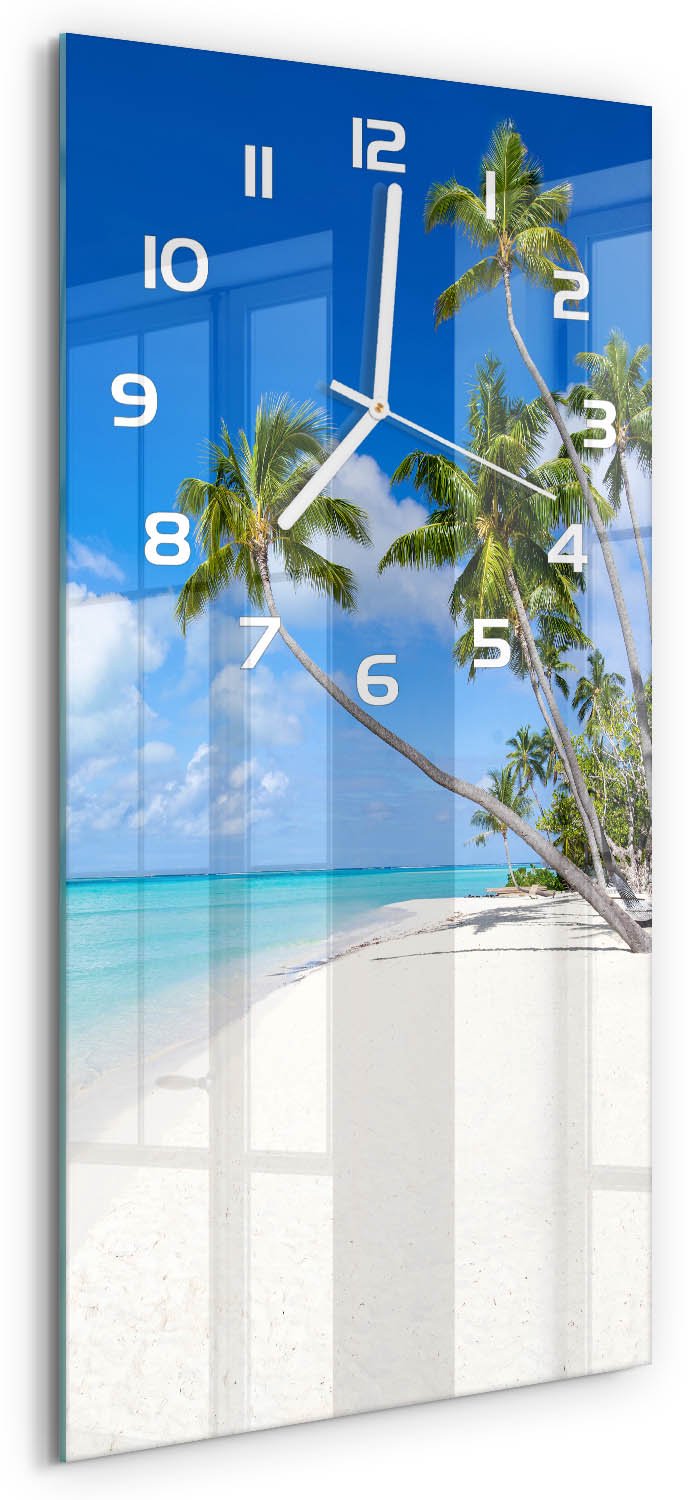 Tulup Wandklok - Tropisch strand Glazen Wandklok Design - 30x60 cm - Blauw Klok Glas Met Opdruk - Witte handen - Rechthoekige Klok - Wandklok Glas Met Motief - Decoratieve Glazen Klok