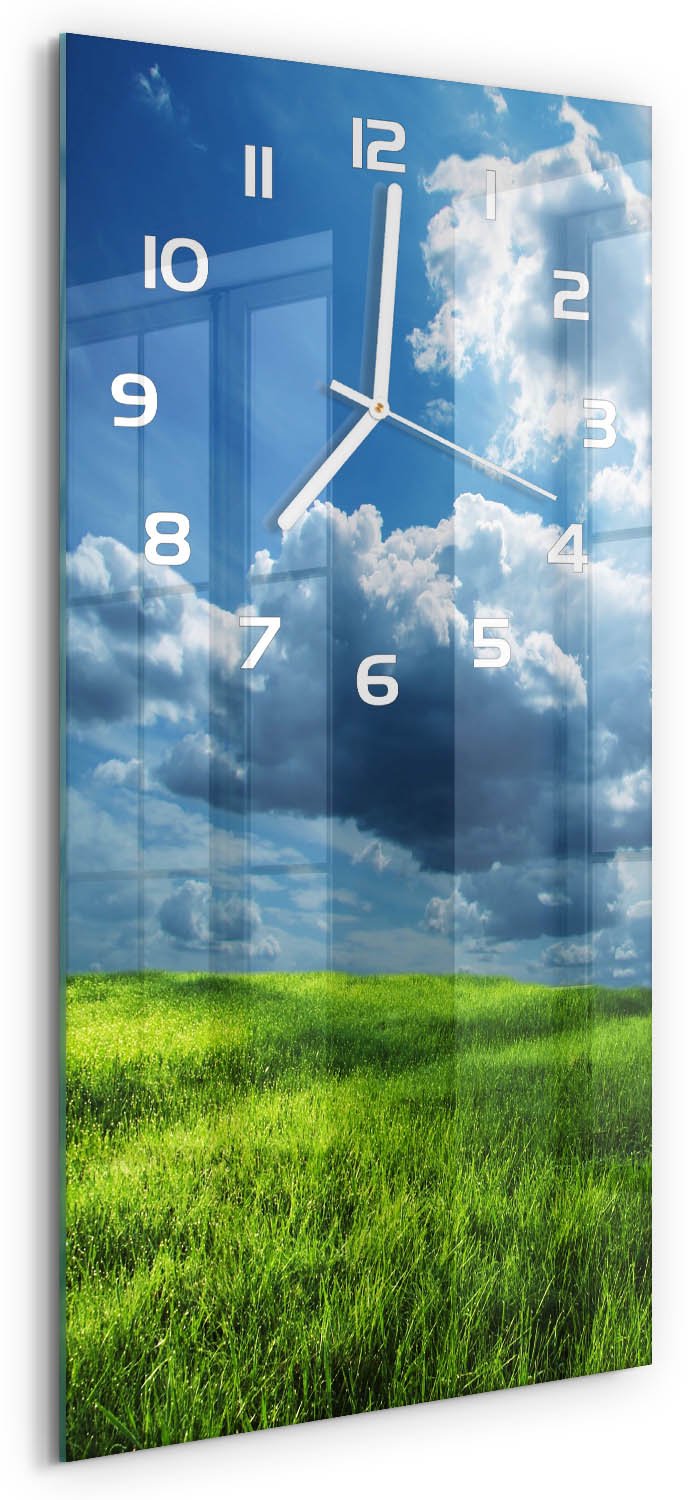 Tulup Wandklok - Wolken boven het veld Wandklok Glas Decoratie - 30x60 cm - Groente Gekleurde Glazen Klok - Witte handen - Rechthoekige Klok - Klok Glas Met Opdruk - Moderne Wandklok Glas