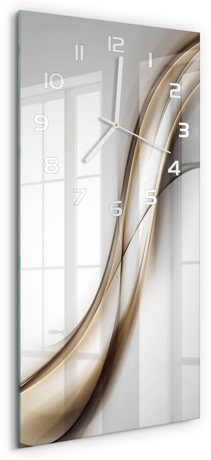 Tulup Wandklok - Bruine golf Wandklok Glas Decoratie - 30x60 cm - Beige Gekleurde Glazen Klok - Witte handen - Rechthoekige Klok - Klok Glas Met Opdruk - Moderne Wandklok Glas