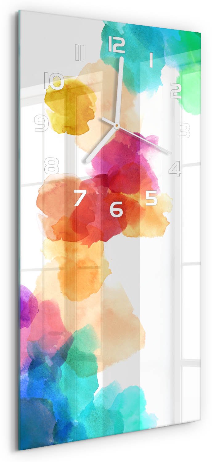 Tulup Wandklok - Kleurrijke vlekken Glazen Klok Met Print - 30x60 cm - Veelkleurig Wandklok Glas Met Motief - Witte handen - Rechthoekige Klok - Wandklok Glas Decoratie - Gekleurde Glazen Klok