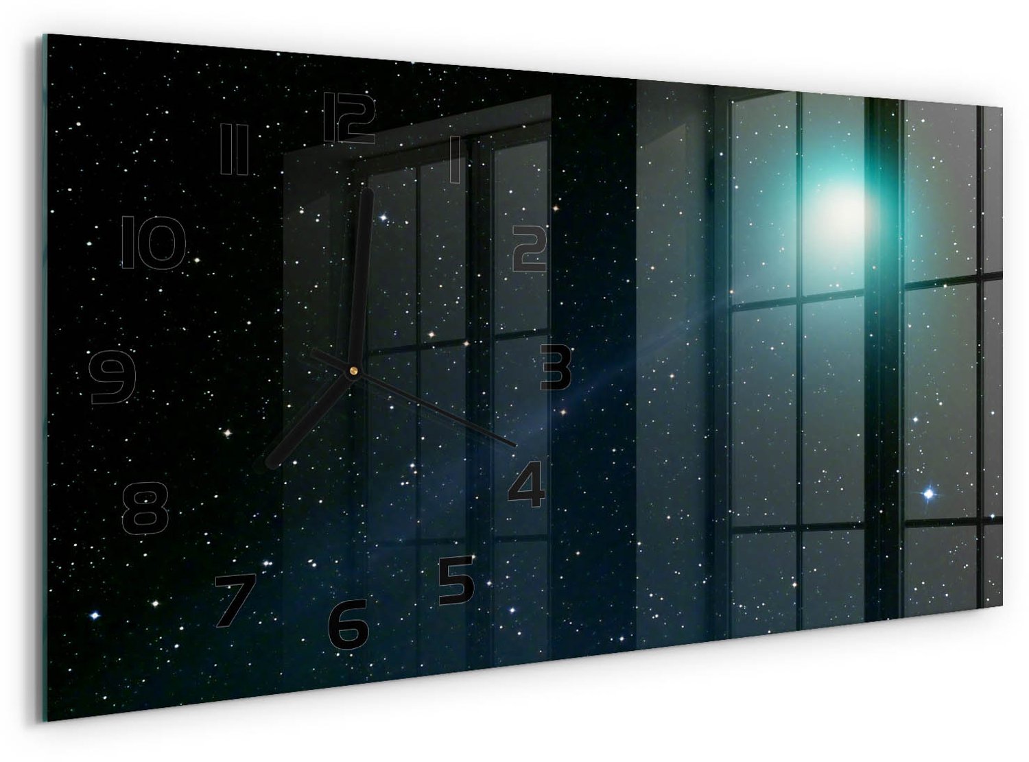 TULUP Wandklok - Melkwegstelsel Glazen Wandklok Design - 60x30 cm - Blauw Klok Glas Met Opdruk - Zwarte handen - Rechthoekige Klok - Wandklok Glas Met Motief - Decoratieve Glazen Klok
