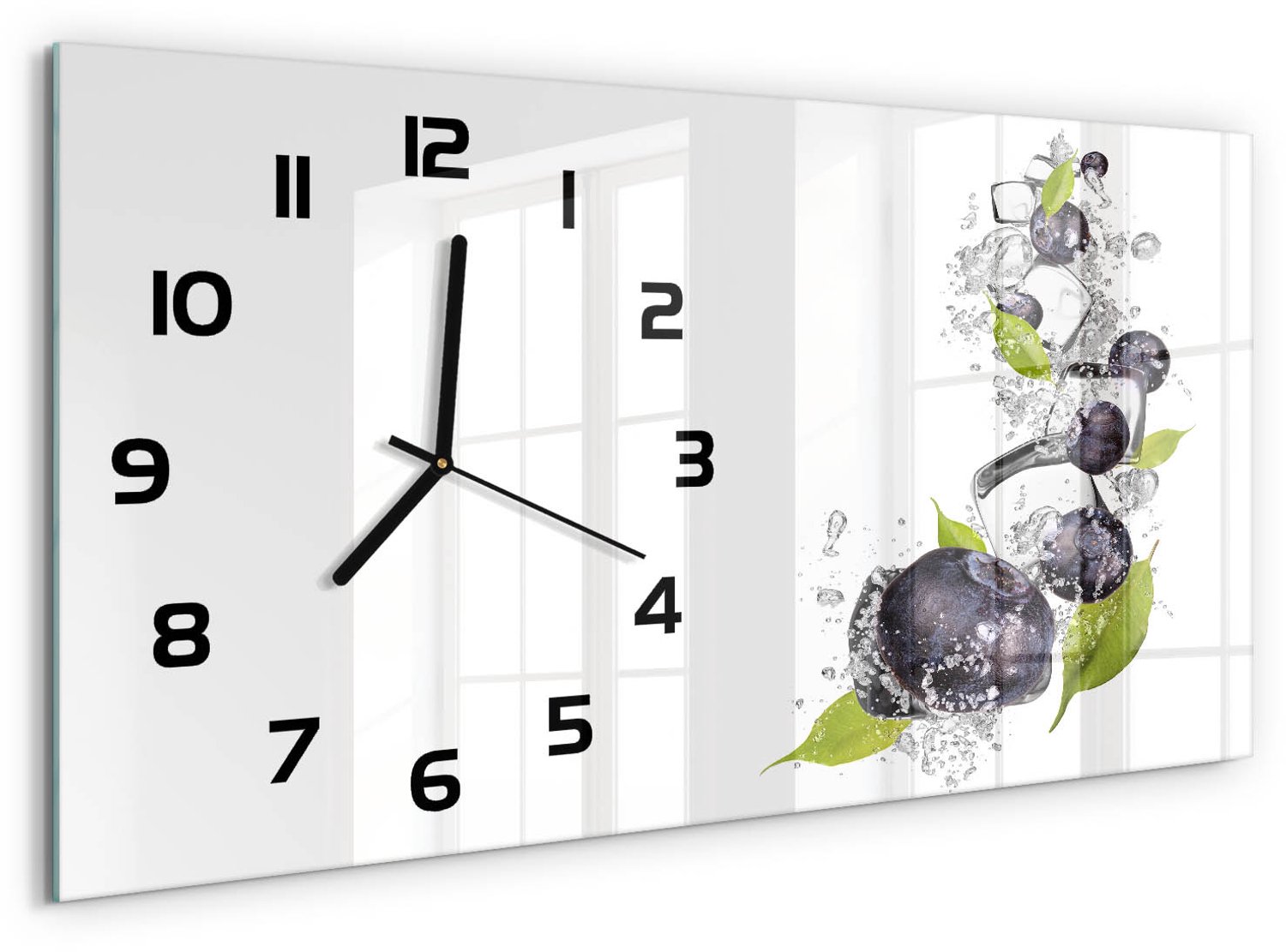 TULUP Wandklok - Bosbessen met ijs Wandklok Glas Decoratie - 60x30 cm - Zwart Gekleurde Glazen Klok - Zwarte handen - Rechthoekige Klok - Klok Glas Met Opdruk - Moderne Wandklok Glas