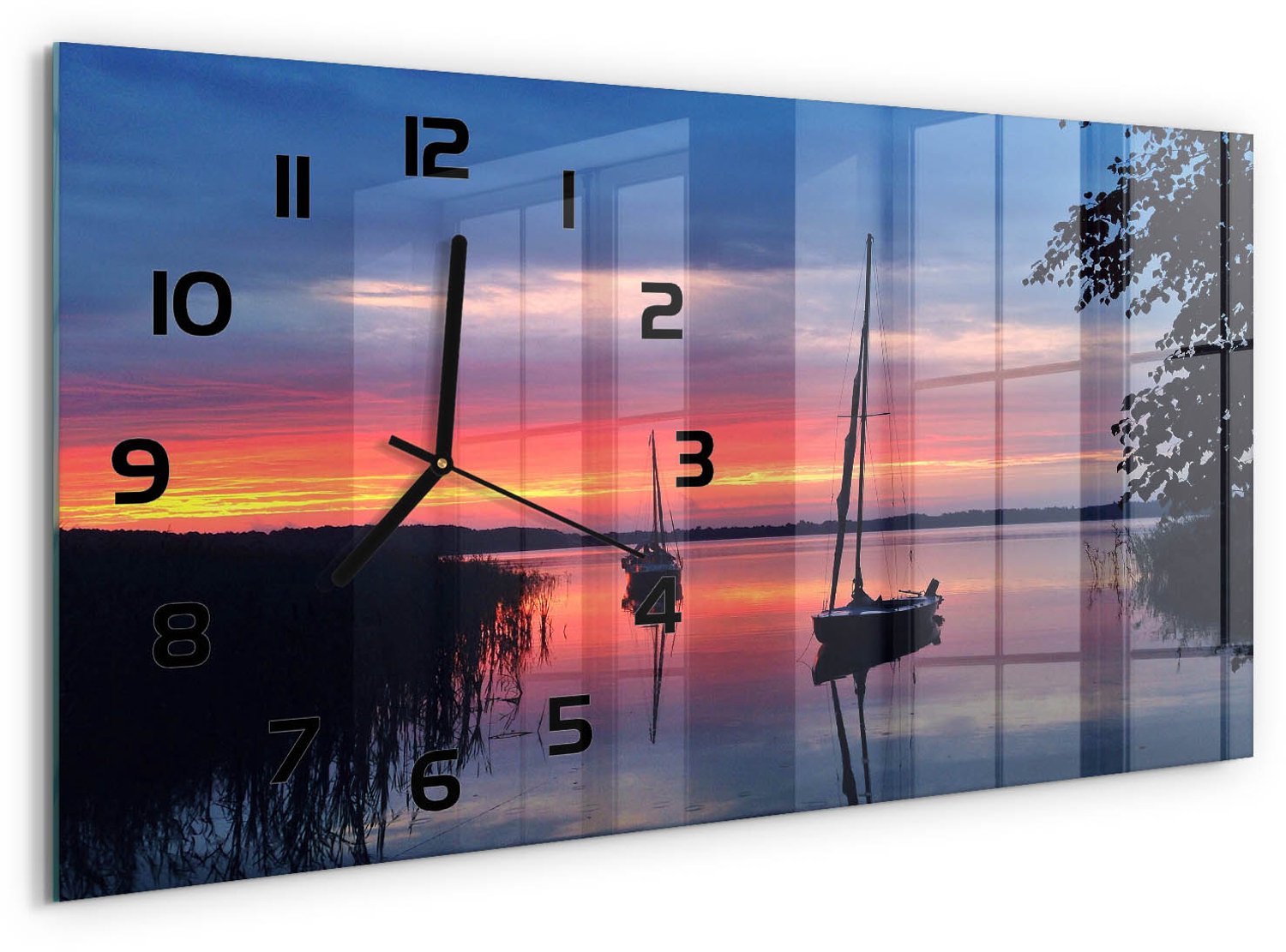 TULUP Wandklok - Zeilboten bij zonsondergang Glazen Klok Met Print - 60x30 cm - Oranje Wandklok Glas Met Motief - Zwarte handen - Rechthoekige Klok - Wandklok Glas Decoratie - Gekleurde Glazen Klok