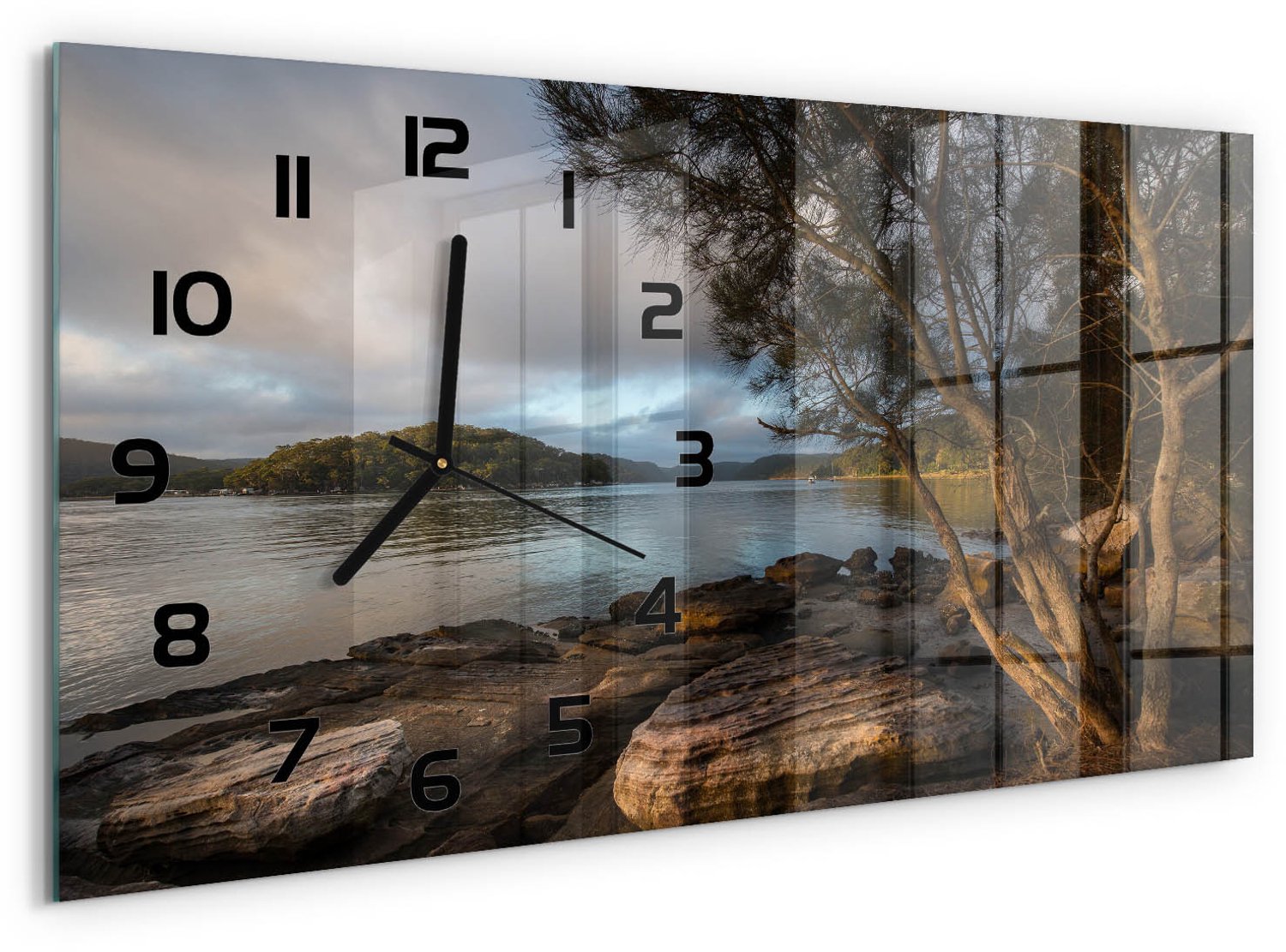 TULUP Wandklok - Boom aan de rivier Klok Glas Met Opdruk - 60x30 cm - Bruin Moderne Wandklok Glas - Zwarte handen - Rechthoekige Klok - Decoratieve Glazen Klok - Glazen Wandklok Design