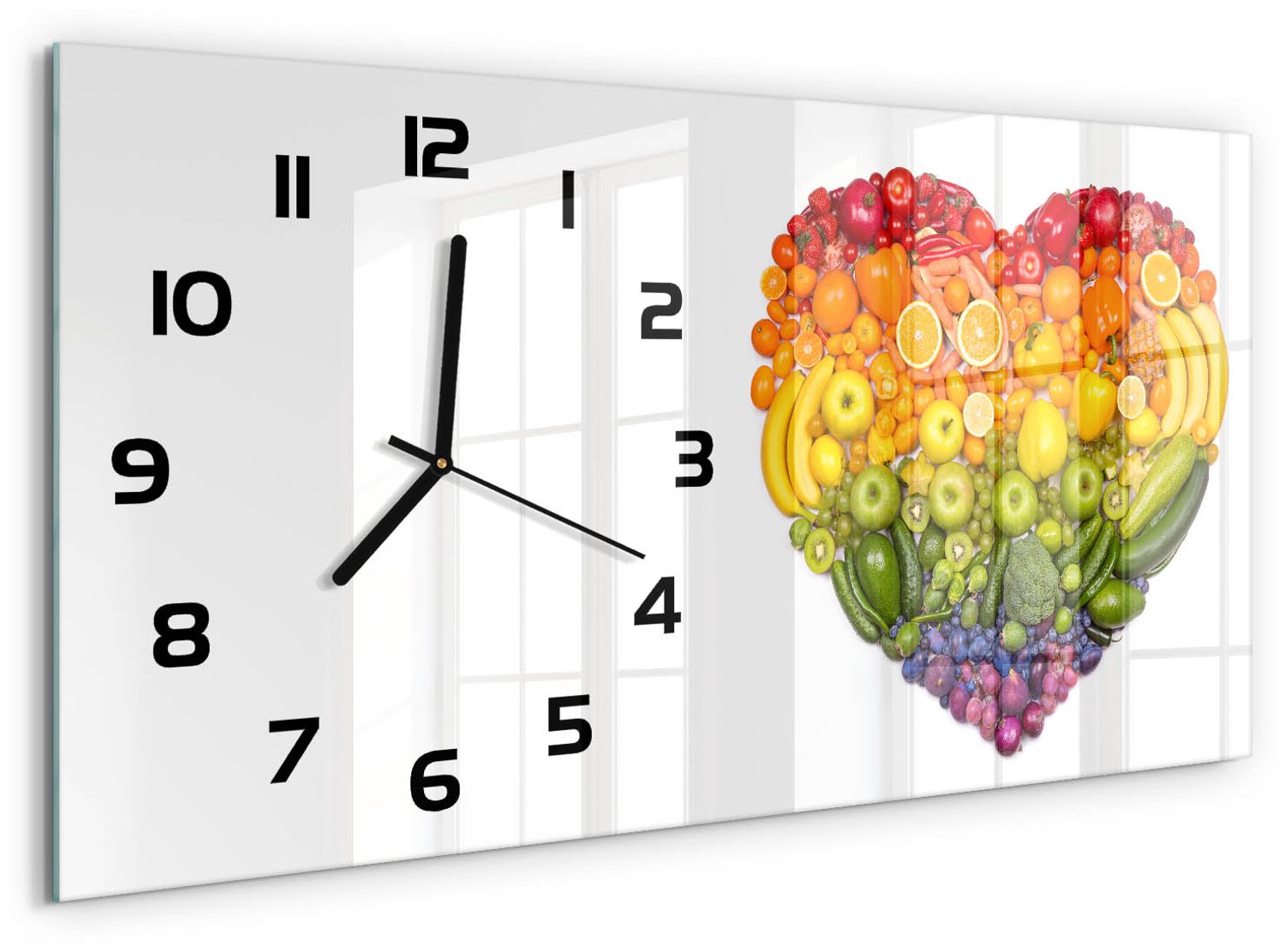 TULUP Wandklok - Groentehart Wandklok Glas Decoratie - 60x30 cm - Veelkleurig Gekleurde Glazen Klok - Zwarte handen - Rechthoekige Klok - Klok Glas Met Opdruk - Moderne Wandklok Glas