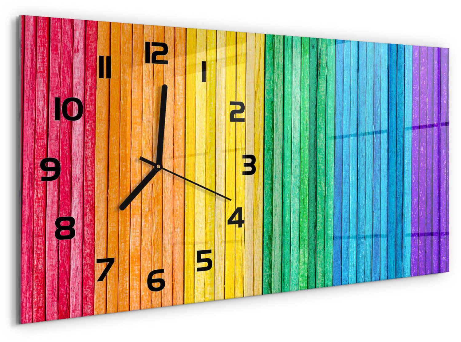 TULUP Wandklok - Kleurrijke strepen Glazen Klok Met Print - 60x30 cm - Veelkleurig Wandklok Glas Met Motief - Zwarte handen - Rechthoekige Klok - Wandklok Glas Decoratie - Gekleurde Glazen Klok