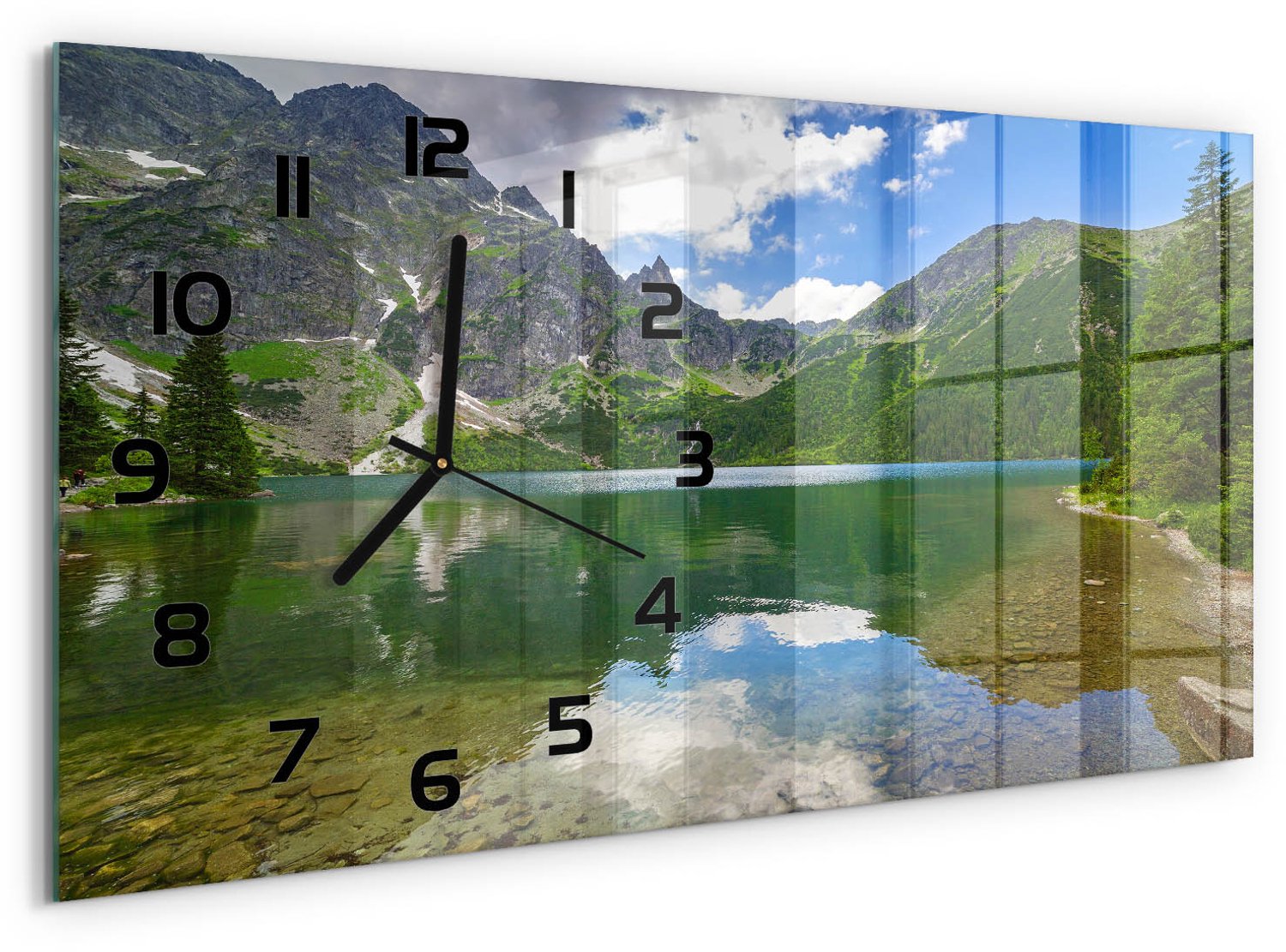 TULUP Wandklok - Morskie Oko van het Tatragebergte Wandklok Glas Decoratie - 60x30 cm - Groente Gekleurde Glazen Klok - Zwarte handen - Rechthoekige Klok - Klok Glas Met Opdruk - Moderne Wandklok Glas