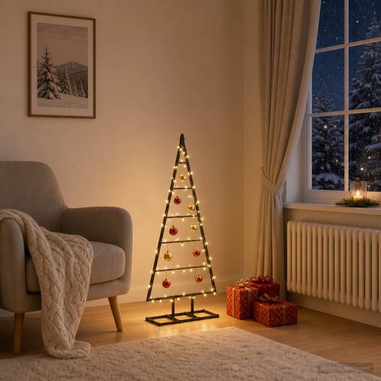 Zwarte metalen kerstboomvorm verlicht met warmwitte lichtsnoeren en decoratieve ballen.