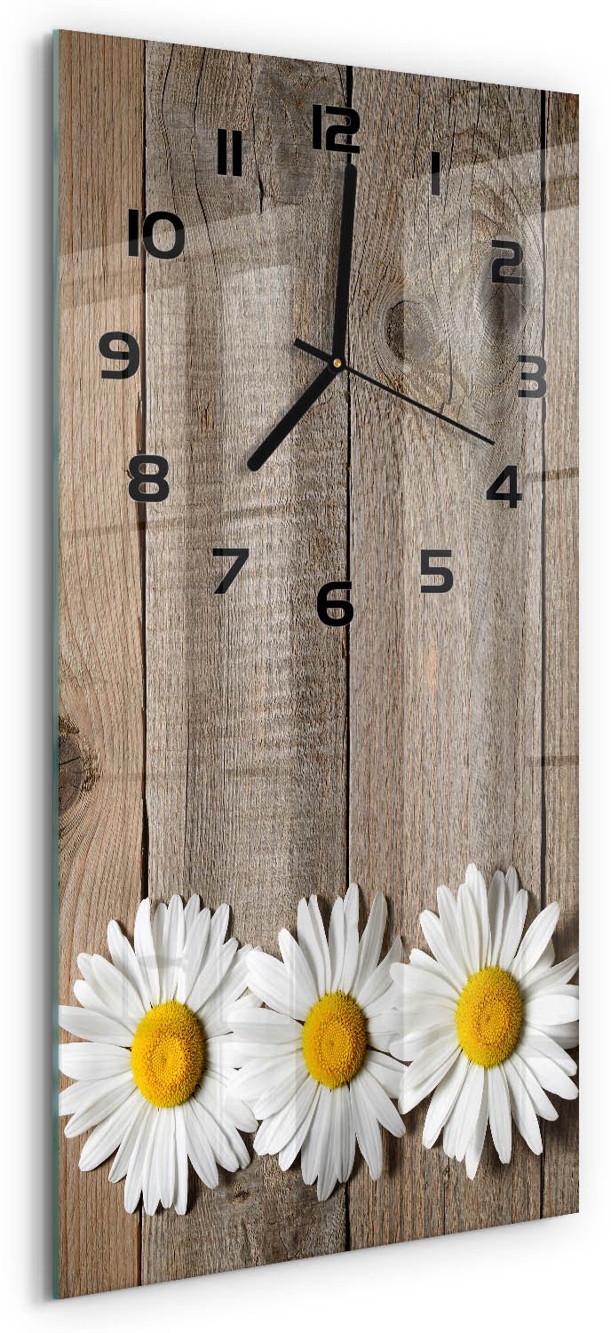 Tulup Wandklok - Madeliefjeshout Glazen Wandklok Design - 30x60 cm - Bruin Klok Glas Met Opdruk - Zwarte handen - Rechthoekige Klok - Wandklok Glas Met Motief - Decoratieve Glazen Klok