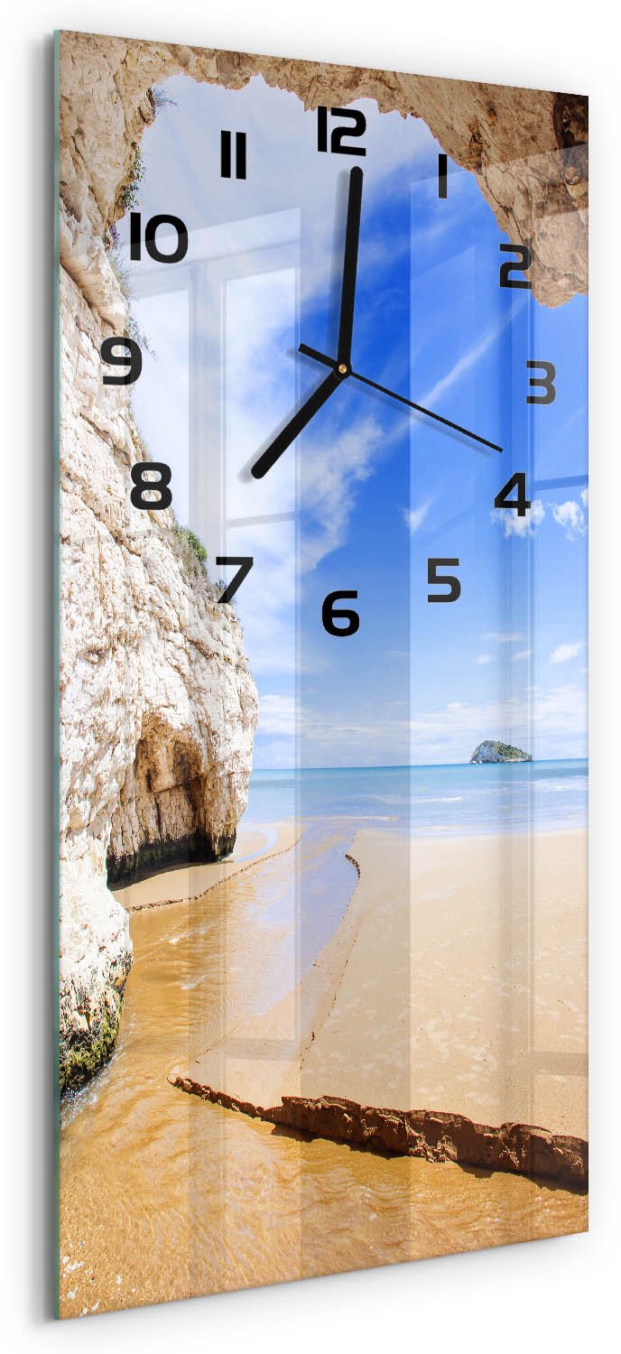 Tulup Wandklok - Grot aan zee Decoratieve Glazen Klok - 30x60 cm - Beige Glazen Wandklok Design - Zwarte handen - Rechthoekige Klok - Glazen Klok Met Print - Wandklok Glas Met Motief