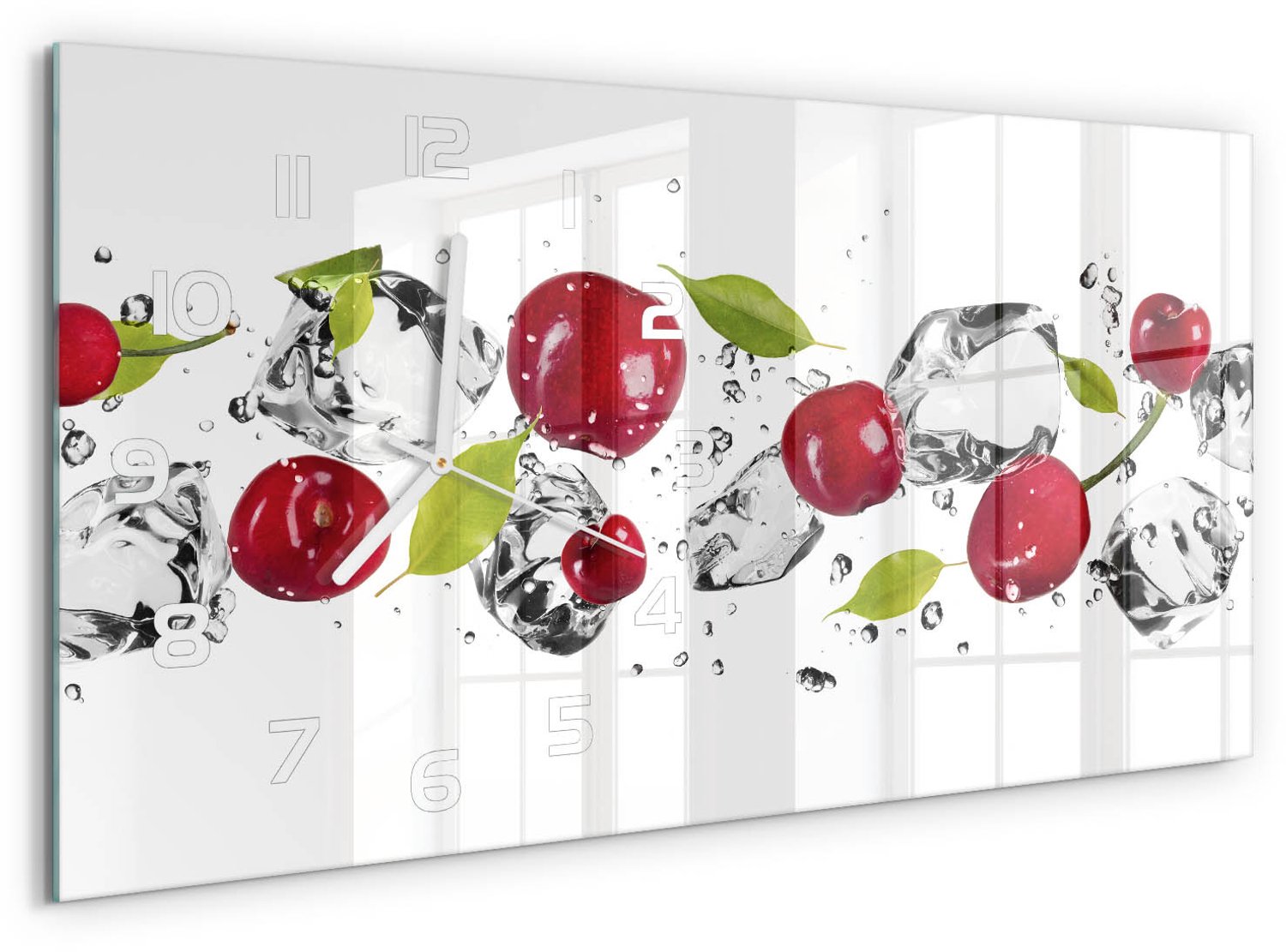 TULUP Wandklok - Kersen en water Wandklok Glas Met Motief - 60x30 cm - Rood Decoratieve Glazen Klok - Witte handen - Rechthoekige Klok - Gekleurde Glazen Klok - Glazen Klok Met Print