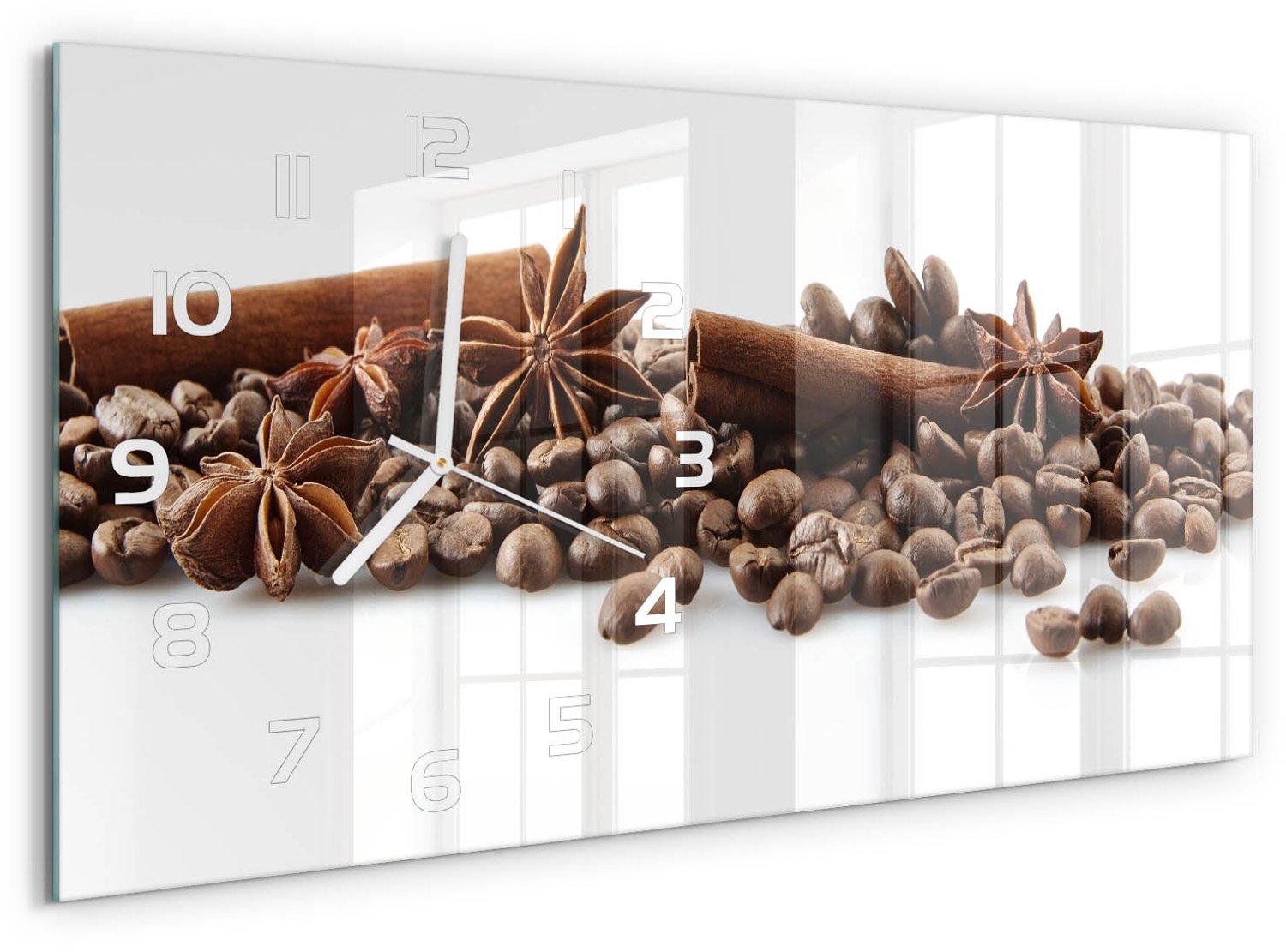 TULUP Wandklok - Kaneelkorrels Decoratieve Glazen Klok - 60x30 cm - Bruin Glazen Wandklok Design - Witte handen - Rechthoekige Klok - Glazen Klok Met Print - Wandklok Glas Met Motief