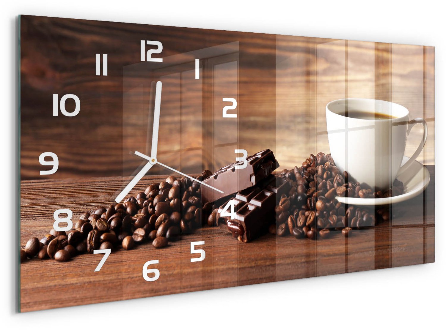TULUP Wandklok - Koffie en chocolade Decoratieve Glazen Klok - 60x30 cm - Bruin Glazen Wandklok Design - Witte handen - Rechthoekige Klok - Glazen Klok Met Print - Wandklok Glas Met Motief