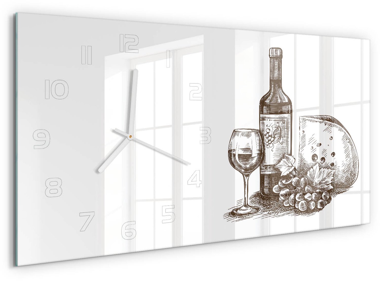 TULUP Wandklok - Wijn en hapjes Gekleurde Glazen Klok - 60x30 cm - Zwart-wit Glazen Klok Met Print - Witte handen - Rechthoekige Klok - Moderne Wandklok Glas - Wandklok Glas Decoratie