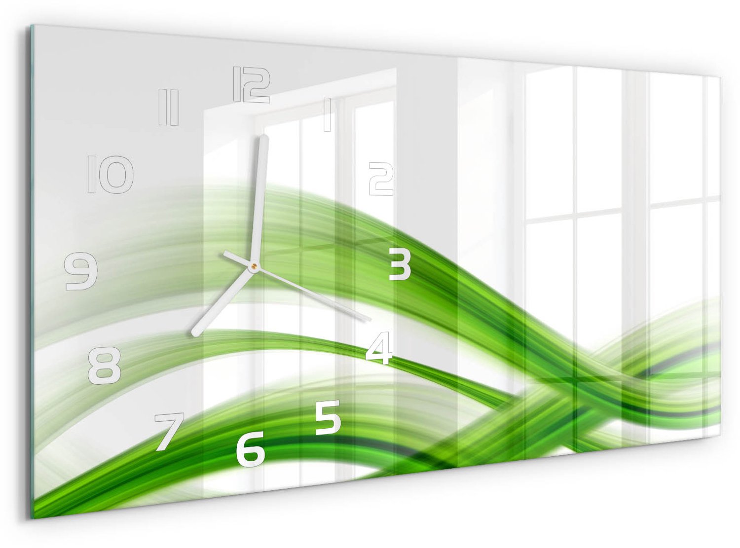 TULUP Wandklok - Golfabstractie Klok Glas Met Opdruk - 60x30 cm - Groente Moderne Wandklok Glas - Witte handen - Rechthoekige Klok - Decoratieve Glazen Klok - Glazen Wandklok Design