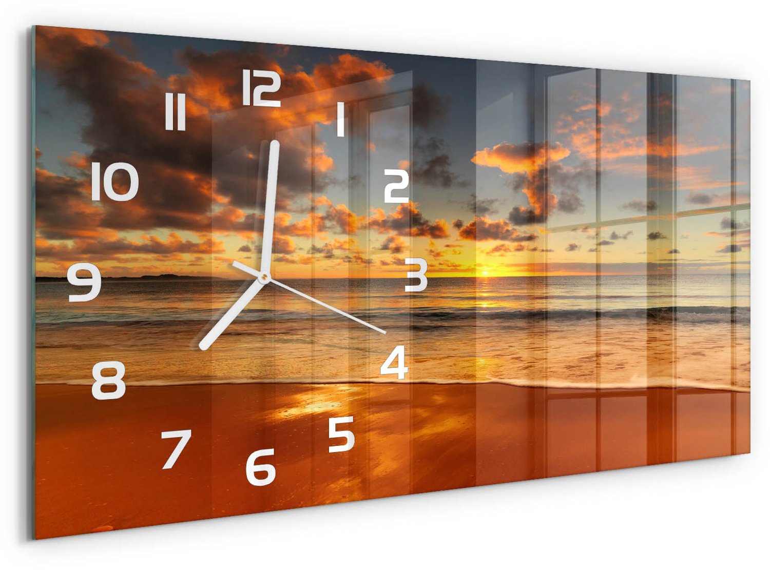 TULUP Wandklok - Australisch strand Klok Glas Met Opdruk - 60x30 cm - Oranje Moderne Wandklok Glas - Witte handen - Rechthoekige Klok - Decoratieve Glazen Klok - Glazen Wandklok Design