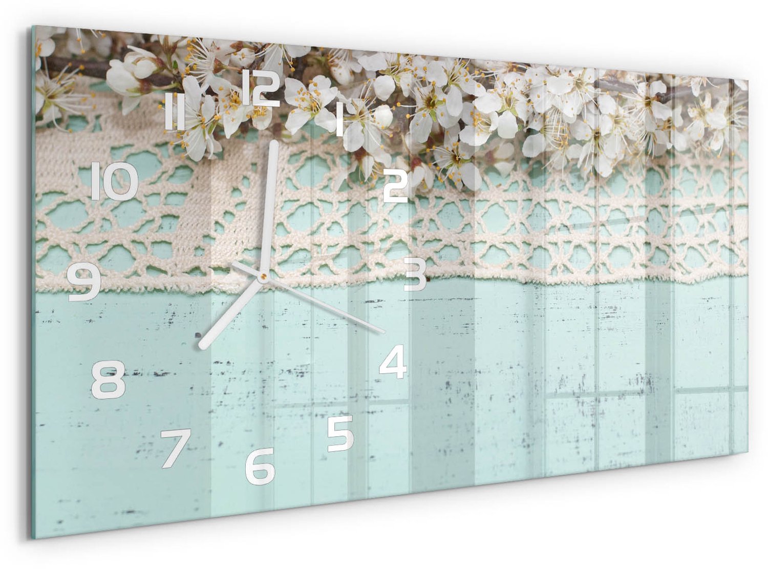 TULUP Wandklok - Kersenbloesem Wandklok Glas Met Motief - 60x30 cm - Beige Decoratieve Glazen Klok - Witte handen - Rechthoekige Klok - Gekleurde Glazen Klok - Glazen Klok Met Print
