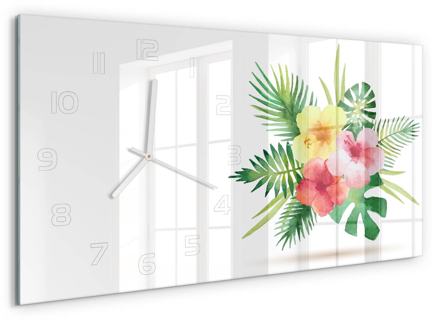 TULUP Wandklok - Hawaiiaanse bloemen Glazen Wandklok Design - 60x30 cm - Veelkleurig Klok Glas Met Opdruk - Witte handen - Rechthoekige Klok - Wandklok Glas Met Motief - Decoratieve Glazen Klok