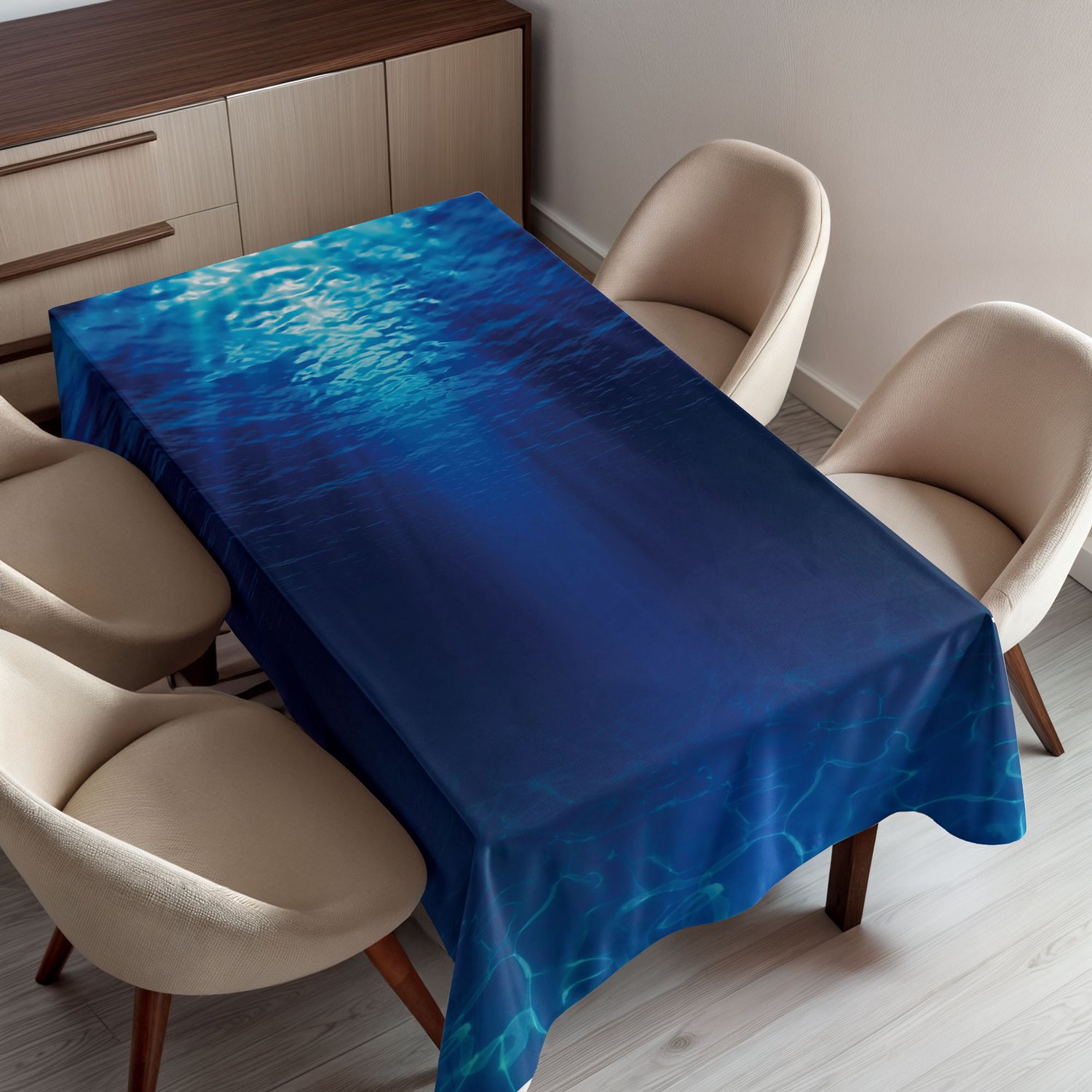ABAKUHAUS Oceaan Tafelkleed, Onderwaterzicht met Zandige Zeebodem Aquatische Scènes en Zonnestralen Natuurbeeld, Rechthoekig Tafelkleed voor Eetkamer Keukendecoratie, 130 x 150 cm, Marineblauw Aqua