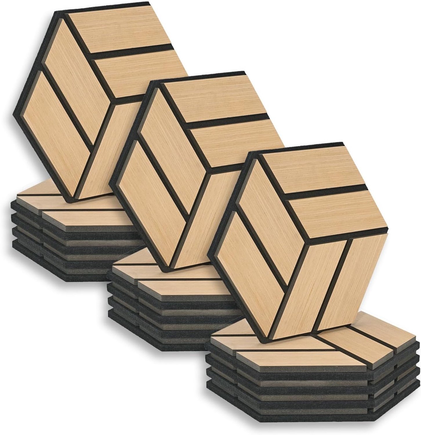 Zeshoekige akoestische panelen, 15 stuks, 30 x 26 x 2 cm, natuur, geluidsisolatie, wandpanelen, akoestische behandeling, wanddecoratie